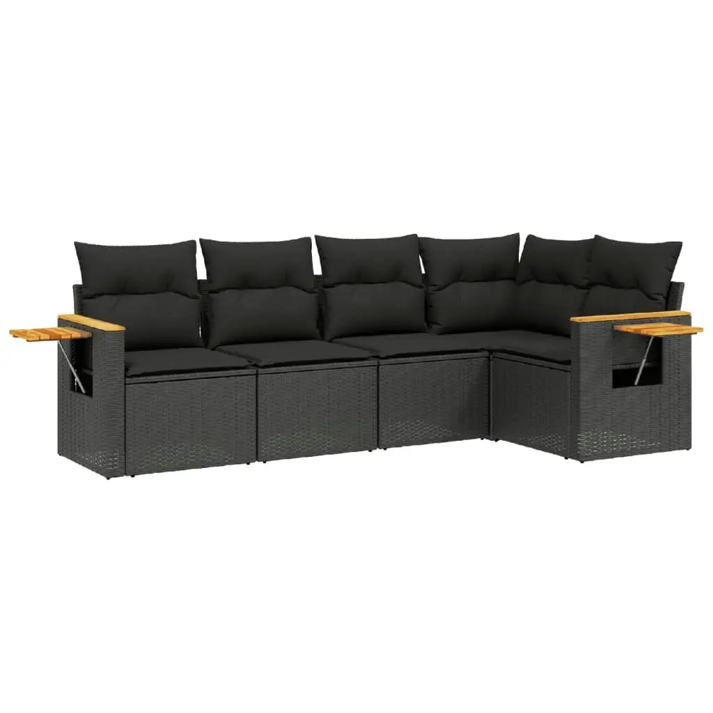 5 Piece Garden Sofa Set with Cushions Black Poly Rattan 3259185