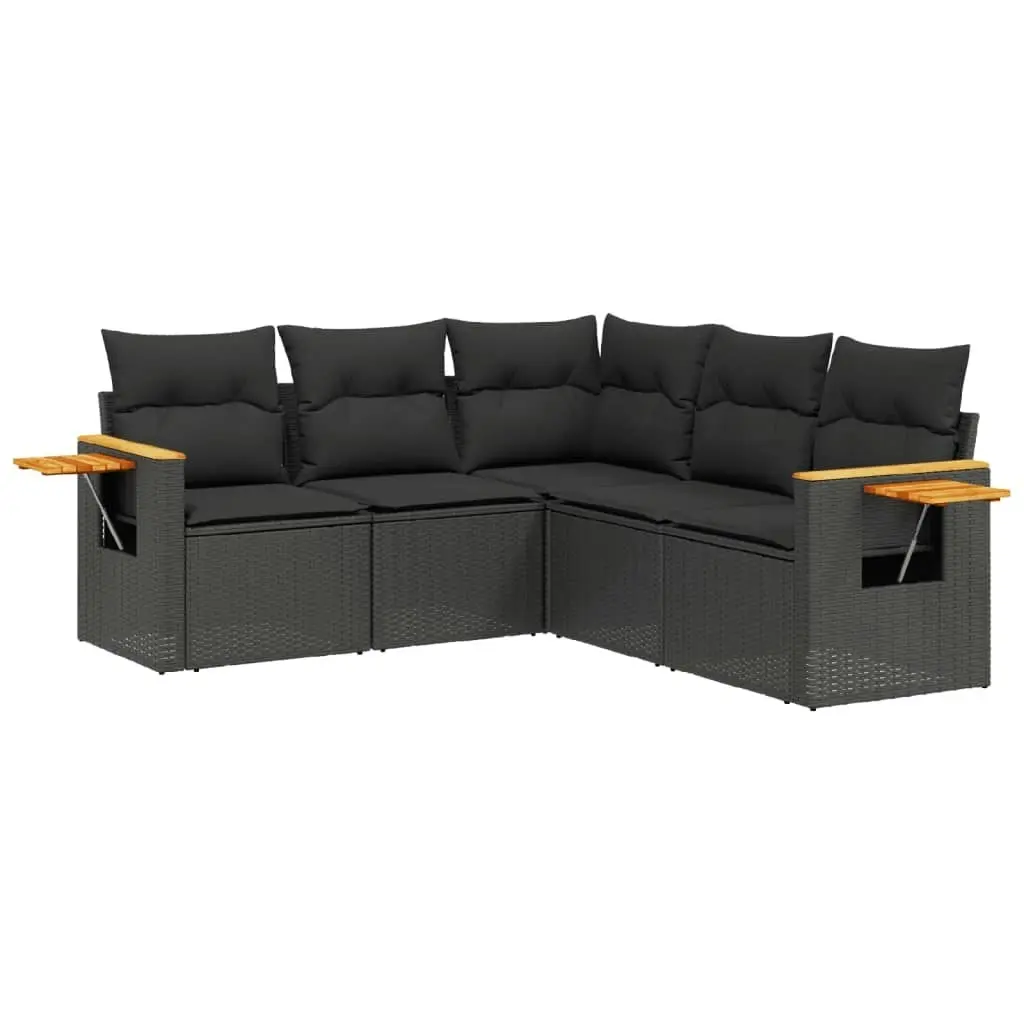 5 Piece Garden Sofa Set with Cushions Black Poly Rattan 3259199