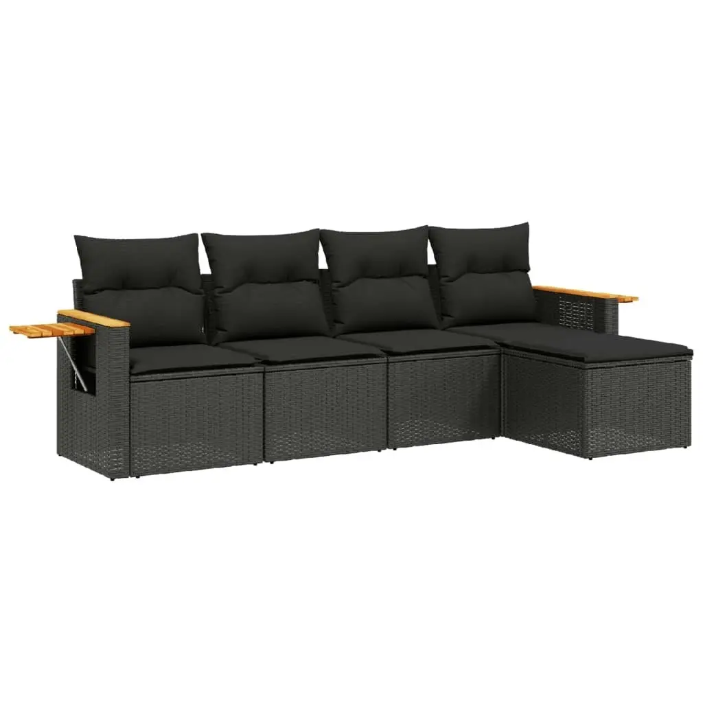 5 Piece Garden Sofa Set with Cushions Black Poly Rattan 3259157