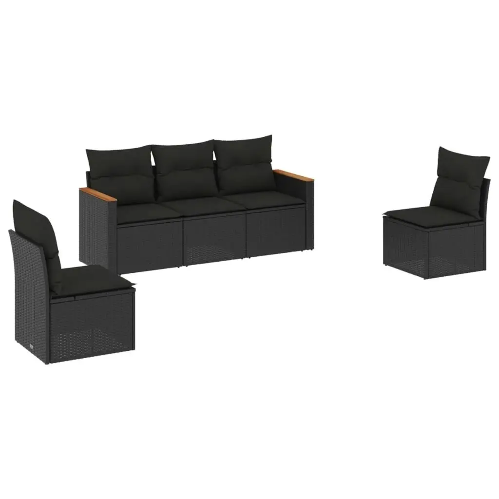 5 Piece Garden Sofa Set with Cushions Black Poly Rattan 3258247