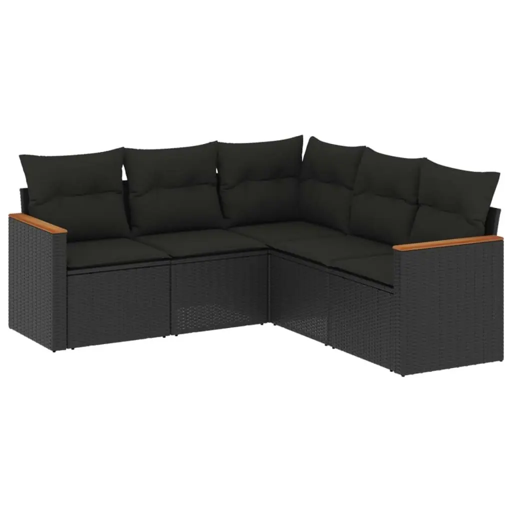 5 Piece Garden Sofa Set with Cushions Black Poly Rattan 3258359