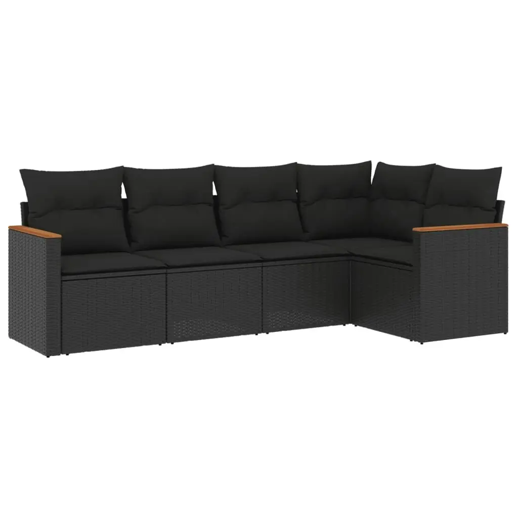 5 Piece Garden Sofa Set with Cushions Black Poly Rattan 3258345