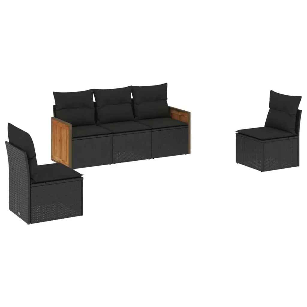 5 Piece Garden Sofa Set with Cushions Black Poly Rattan 3259927