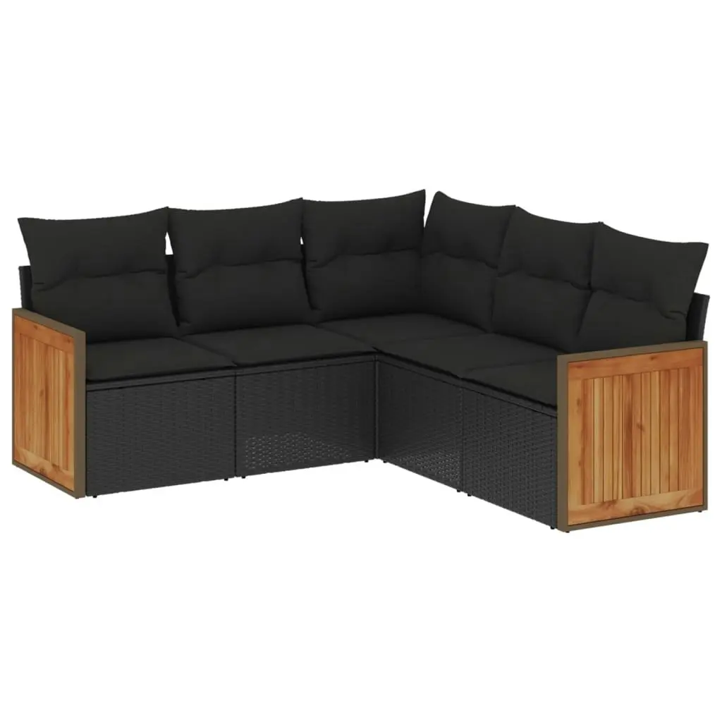 5 Piece Garden Sofa Set with Cushions Black Poly Rattan 3260039