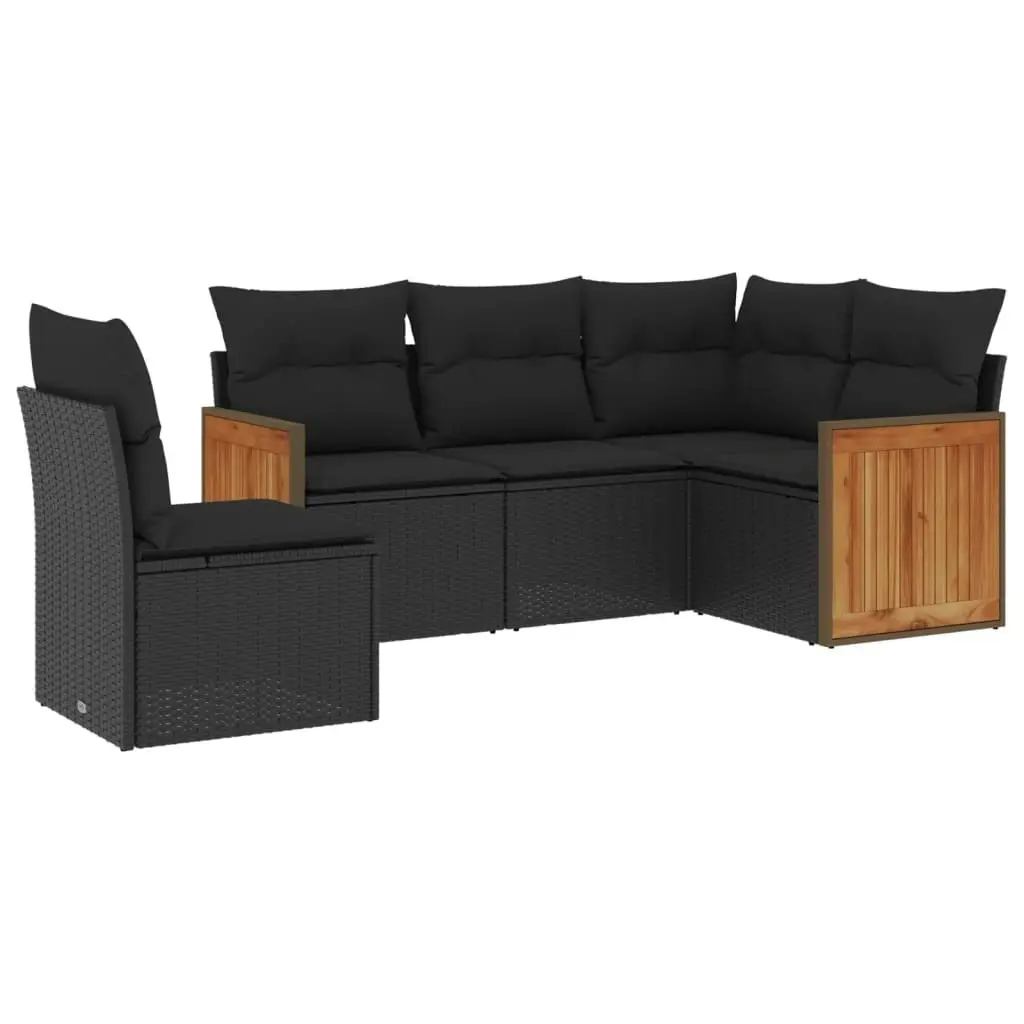 5 Piece Garden Sofa Set with Cushions Black Poly Rattan 3260053