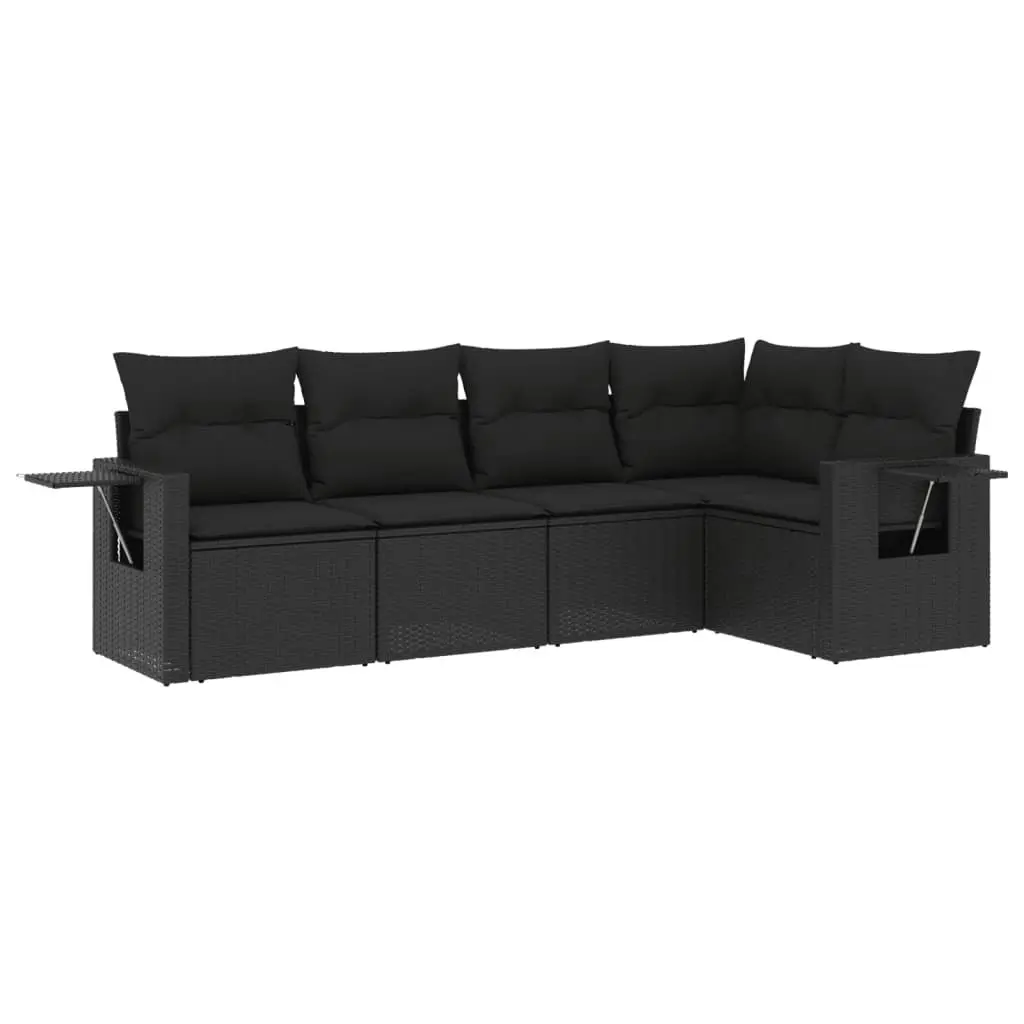 5 Piece Garden Sofa Set with Cushions Black Poly Rattan 3220124