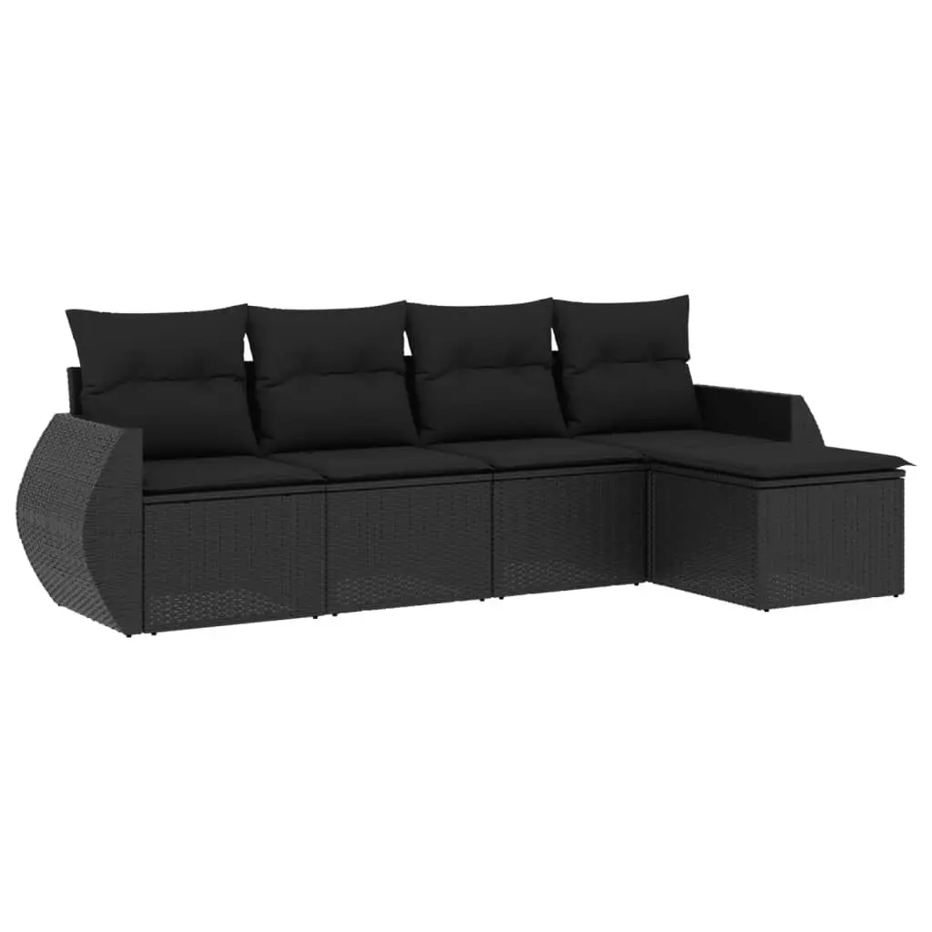 5 Piece Garden Sofa Set with Cushions Black Poly Rattan 3221284