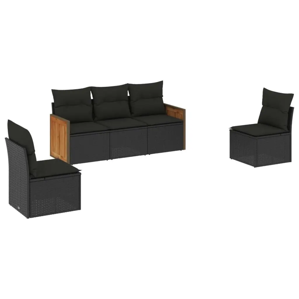 5 Piece Garden Sofa Set with Cushions Black Poly Rattan 3227525