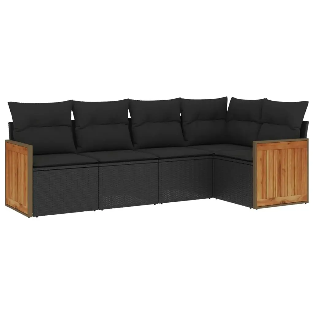 5 Piece Garden Sofa Set with Cushions Black Poly Rattan 3260025