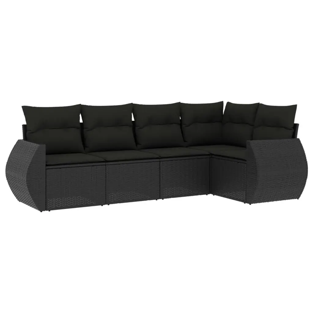 5 Piece Garden Sofa Set with Cushions Black Poly Rattan 3221324