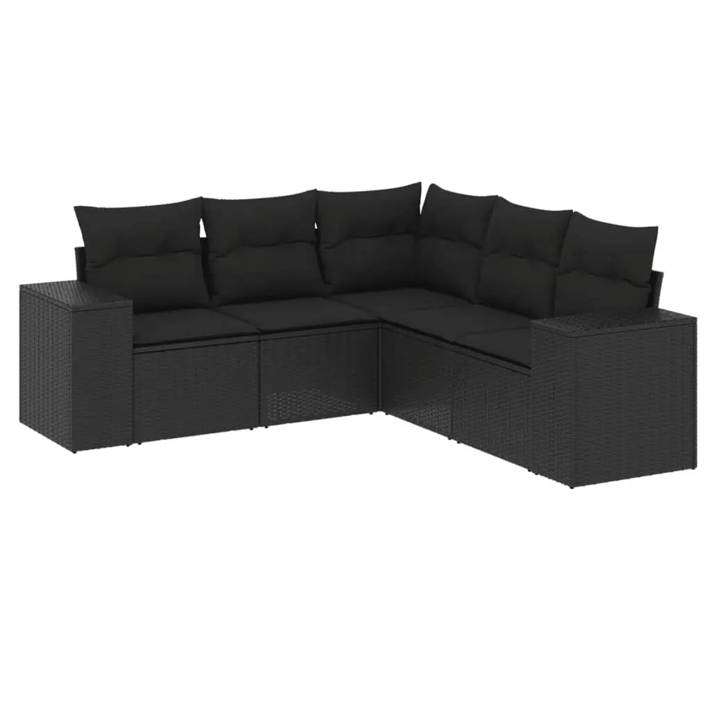 5 Piece Garden Sofa Set with Cushions Black Poly Rattan 3222544