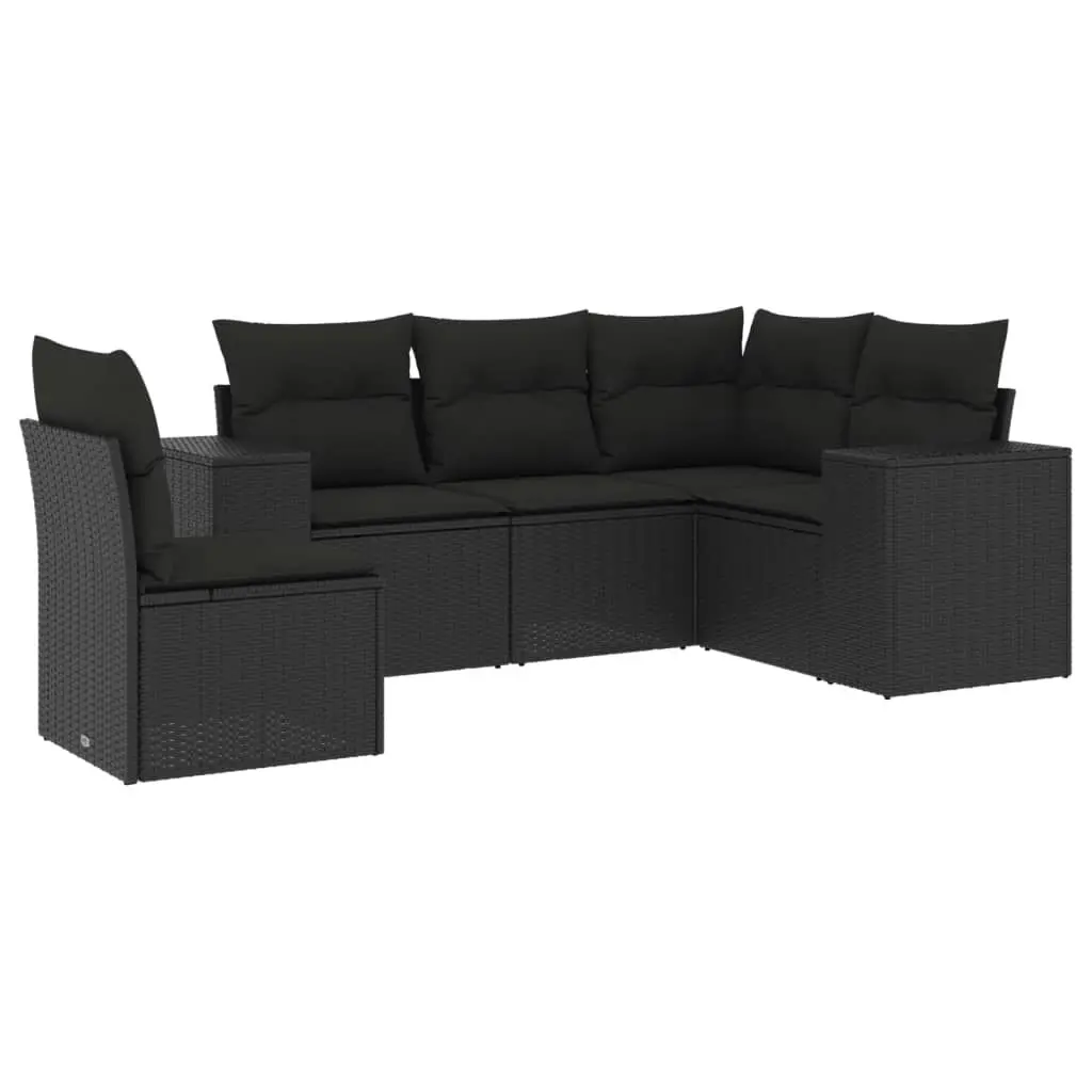 5 Piece Garden Sofa Set with Cushions Black Poly Rattan 3222564