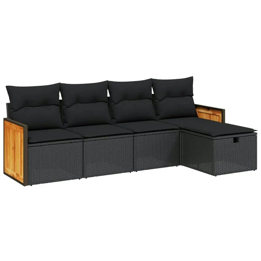 5 Piece Garden Sofa Set with Cushions Black Poly Rattan 3265717