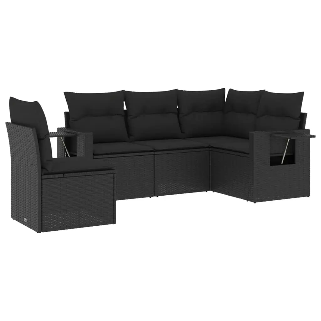 5 Piece Garden Sofa Set with Cushions Black Poly Rattan 3220164