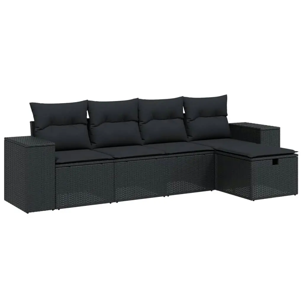 5 Piece Garden Sofa Set with Cushions Black Poly Rattan 3264391