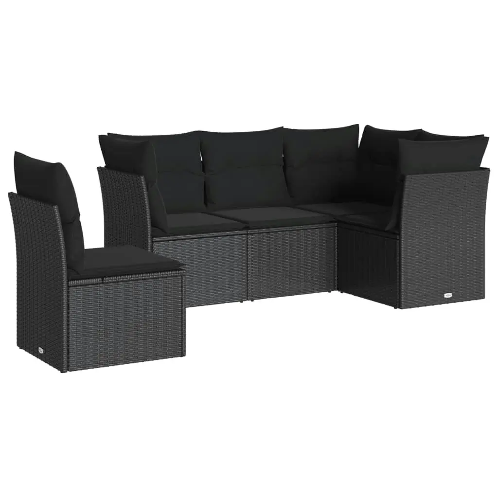 5 Piece Garden Sofa Set with Cushions Black Poly Rattan 3249474