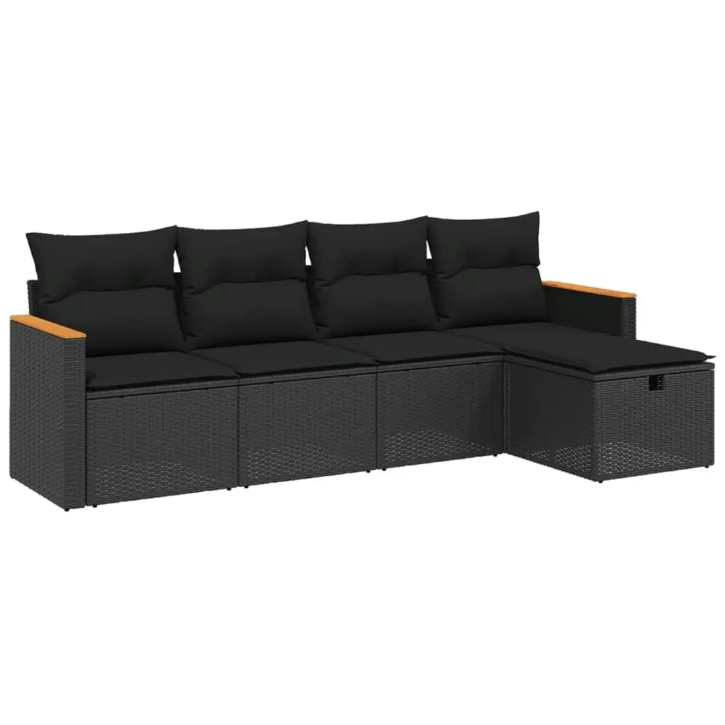 5 Piece Garden Sofa Set with Cushions Black Poly Rattan 3265283