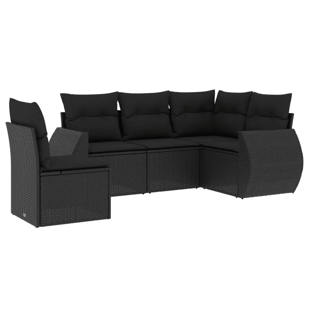 5 Piece Garden Sofa Set with Cushions Black Poly Rattan 3221364