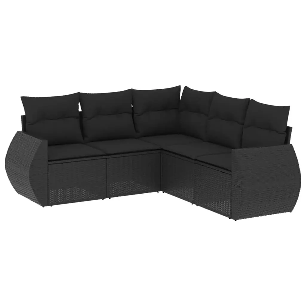 5 Piece Garden Sofa Set with Cushions Black Poly Rattan 3221344