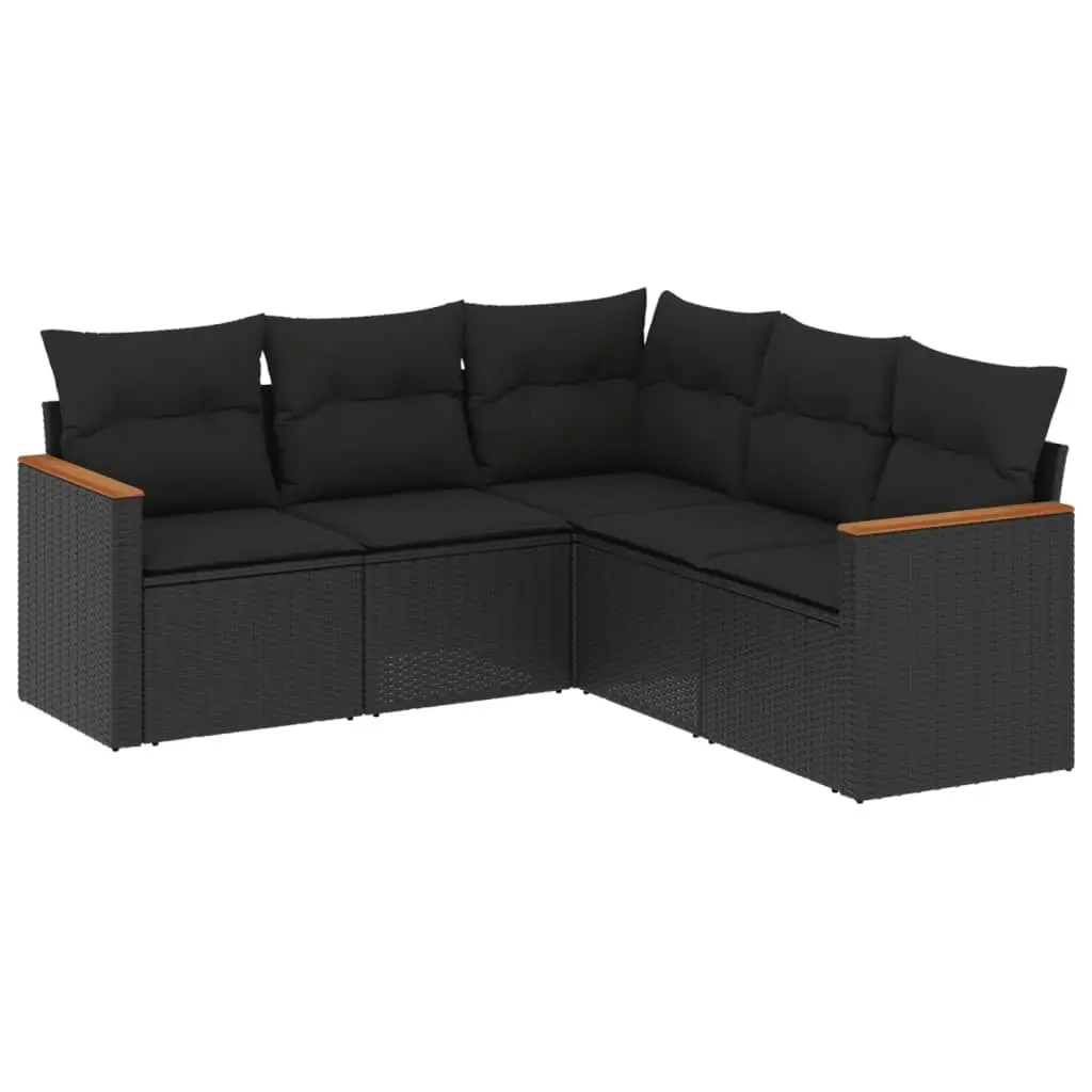 5 Piece Garden Sofa Set with Cushions Black Poly Rattan 3225957