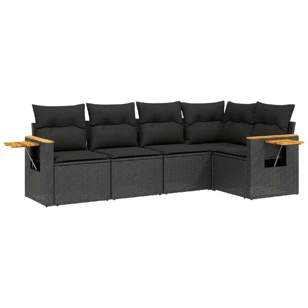 5 Piece Garden Sofa Set with Cushions Black Poly Rattan 3226783