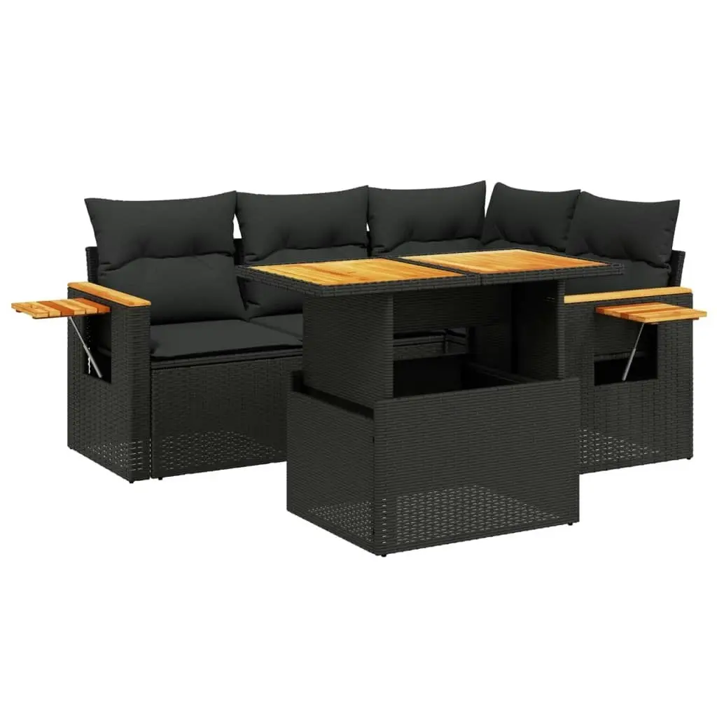 5 Piece Garden Sofa Set with Cushions Black Poly Rattan 3273498