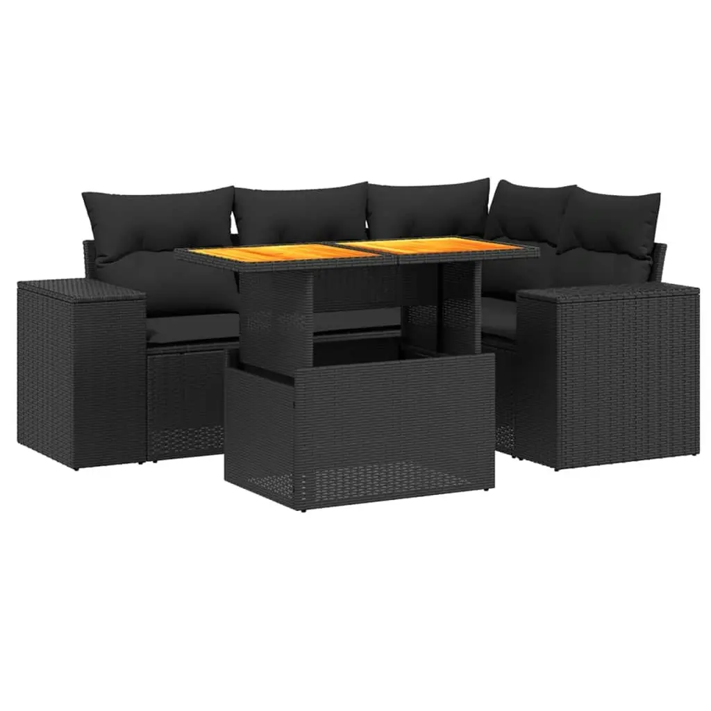 5 Piece Garden Sofa Set with Cushions Black Poly Rattan 3272616