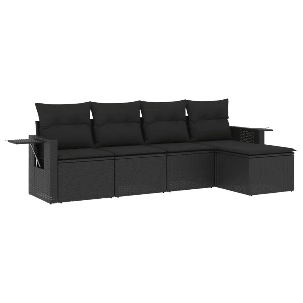 5 Piece Garden Sofa Set with Cushions Black Poly Rattan 3220084