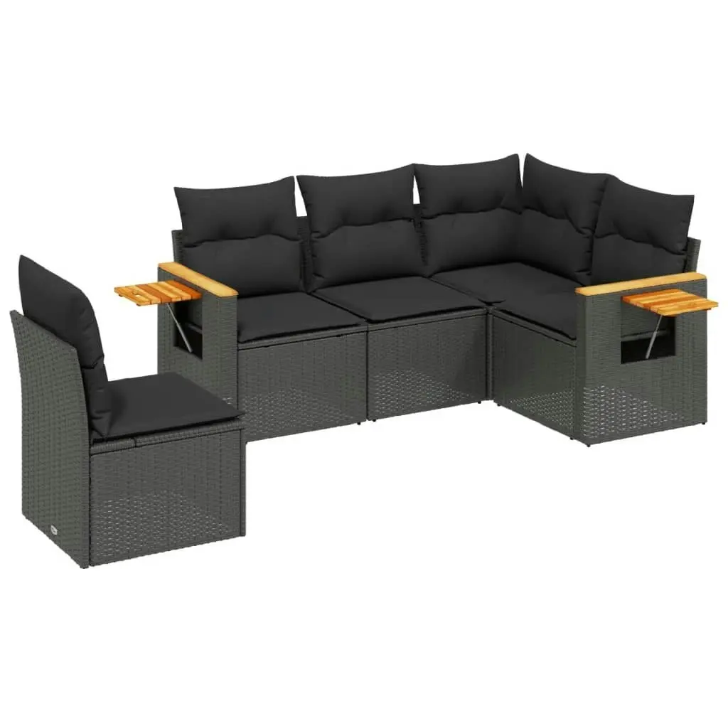 5 Piece Garden Sofa Set with Cushions Black Poly Rattan 3226811