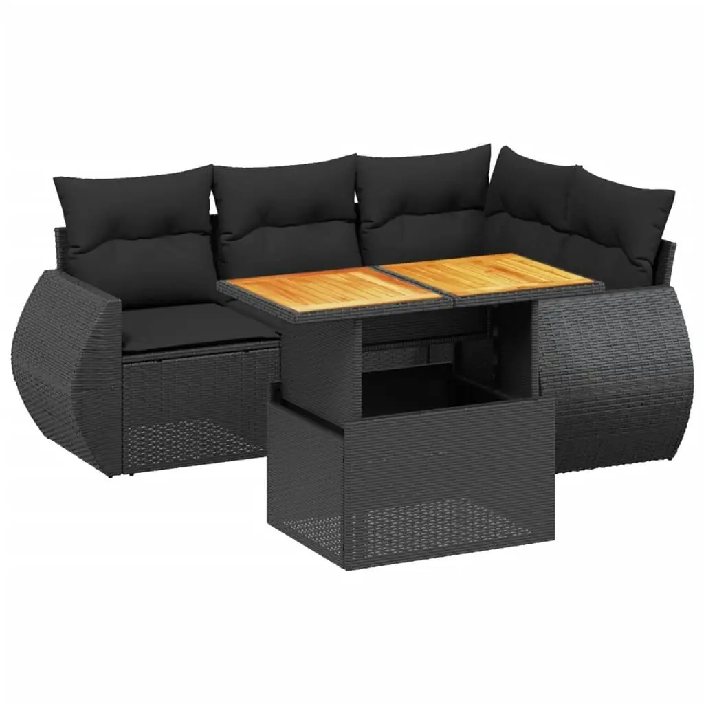 5 Piece Garden Sofa Set with Cushions Black Poly Rattan 3272175