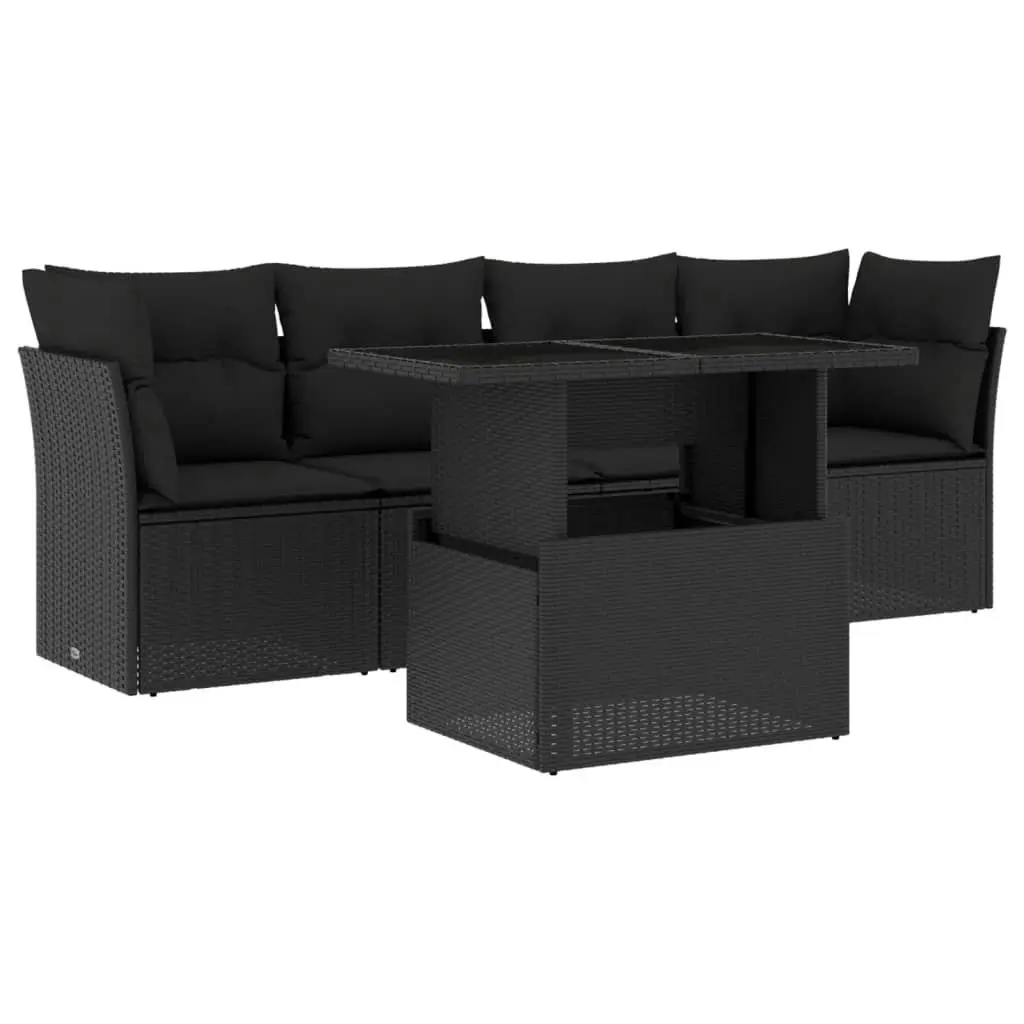 5 Piece Garden Sofa Set with Cushions Black Poly Rattan 3266345