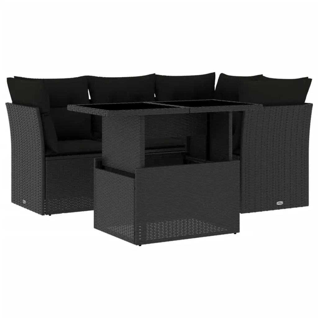 5 Piece Garden Sofa Set with Cushions Black Poly Rattan 3266555