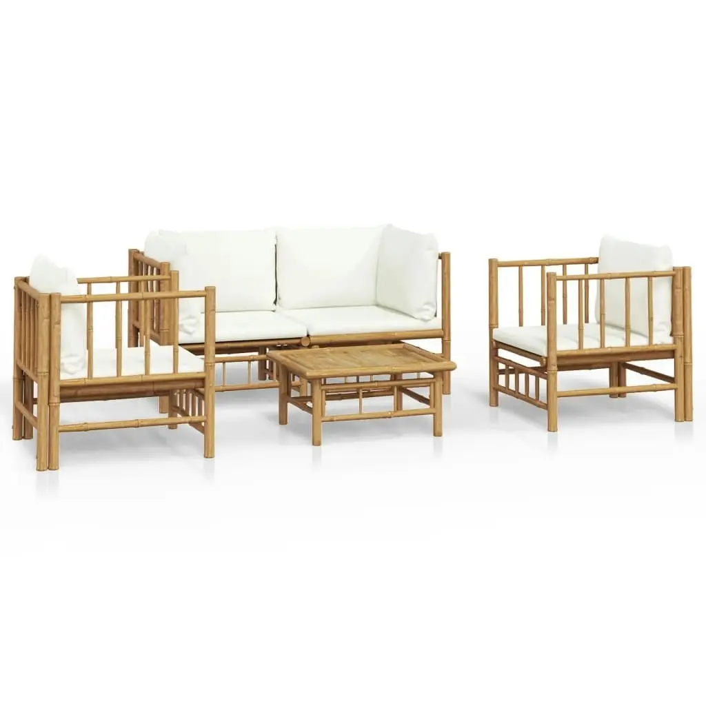 5 Piece Garden Lounge Set with Cream White Cushions  Bamboo 3155185