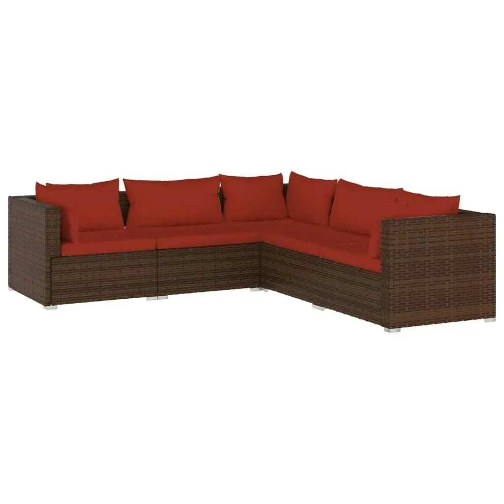 5 Piece Garden Lounge Set with Cushions Poly Rattan Brown 3101699