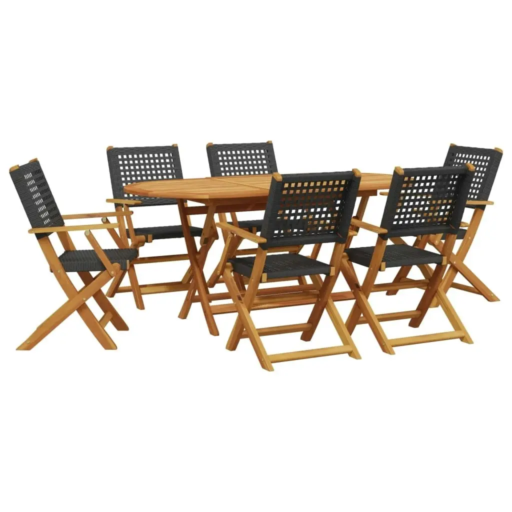 7 Piece Garden Dining Set Black Poly Rattan and Solid Wood 3281706