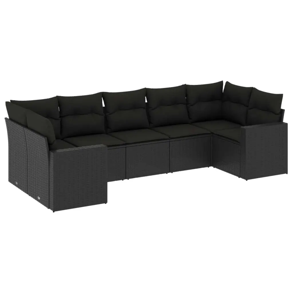 7 Piece Garden Sofa Set with Cushions Black Poly Rattan 3219375