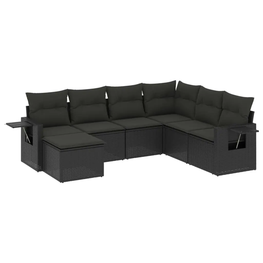 7 Piece Garden Sofa Set with Cushions Black Poly Rattan 3252832