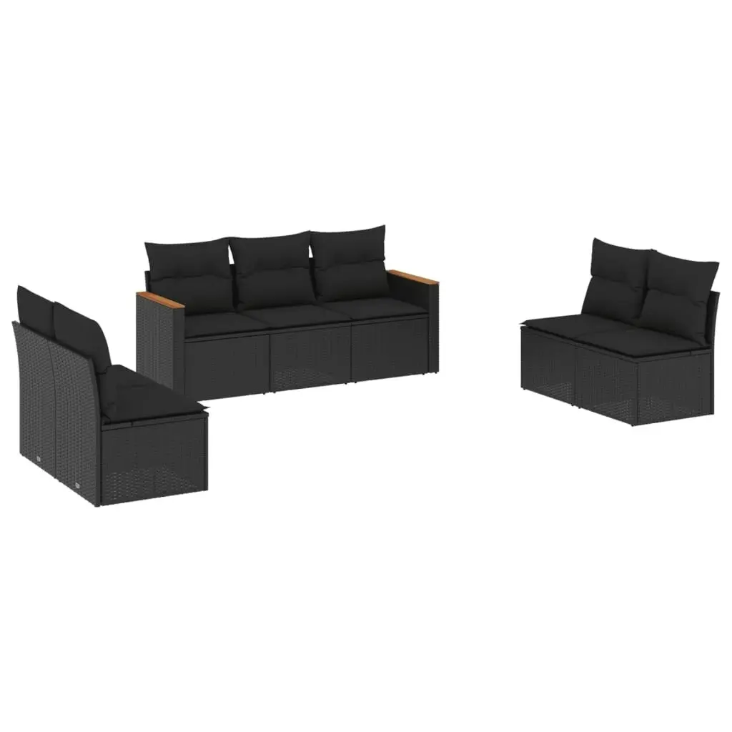 7 Piece Garden Sofa Set with Cushions Black Poly Rattan 3225873