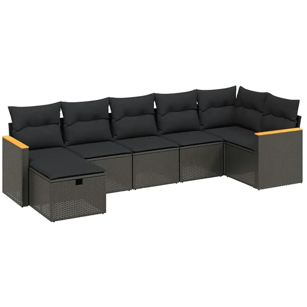 7 Piece Garden Sofa Set with Cushions Black Poly Rattan 3265311