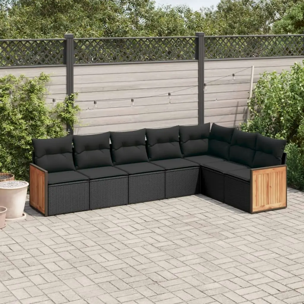 7 Piece Garden Sofa Set with Cushions Black Poly Rattan 3227707