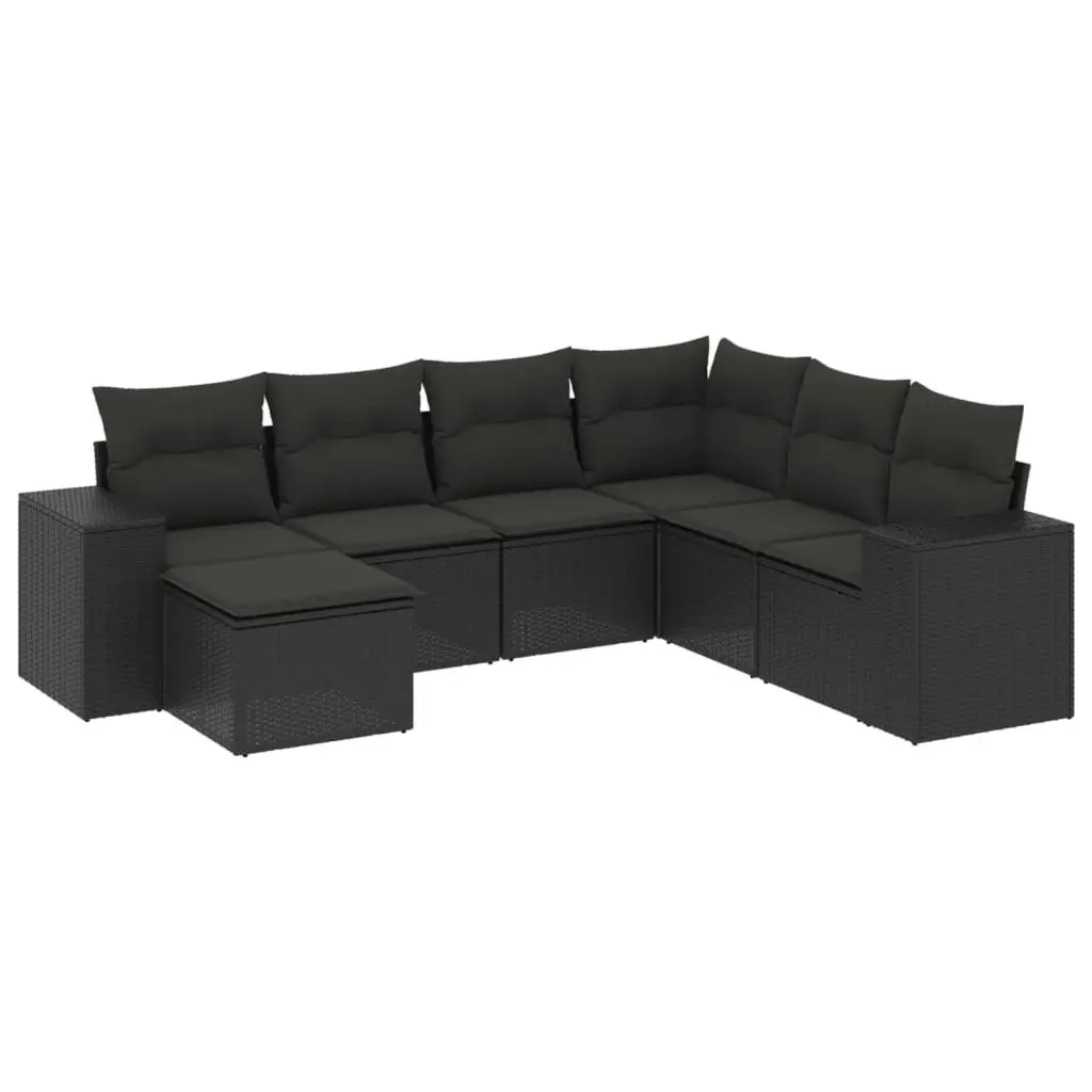 7 Piece Garden Sofa Set with Cushions Black Poly Rattan 3222894