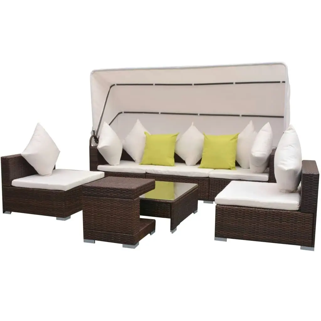 7 Piece Garden Lounge Set with Canopy Poly Rattan Brown 42749