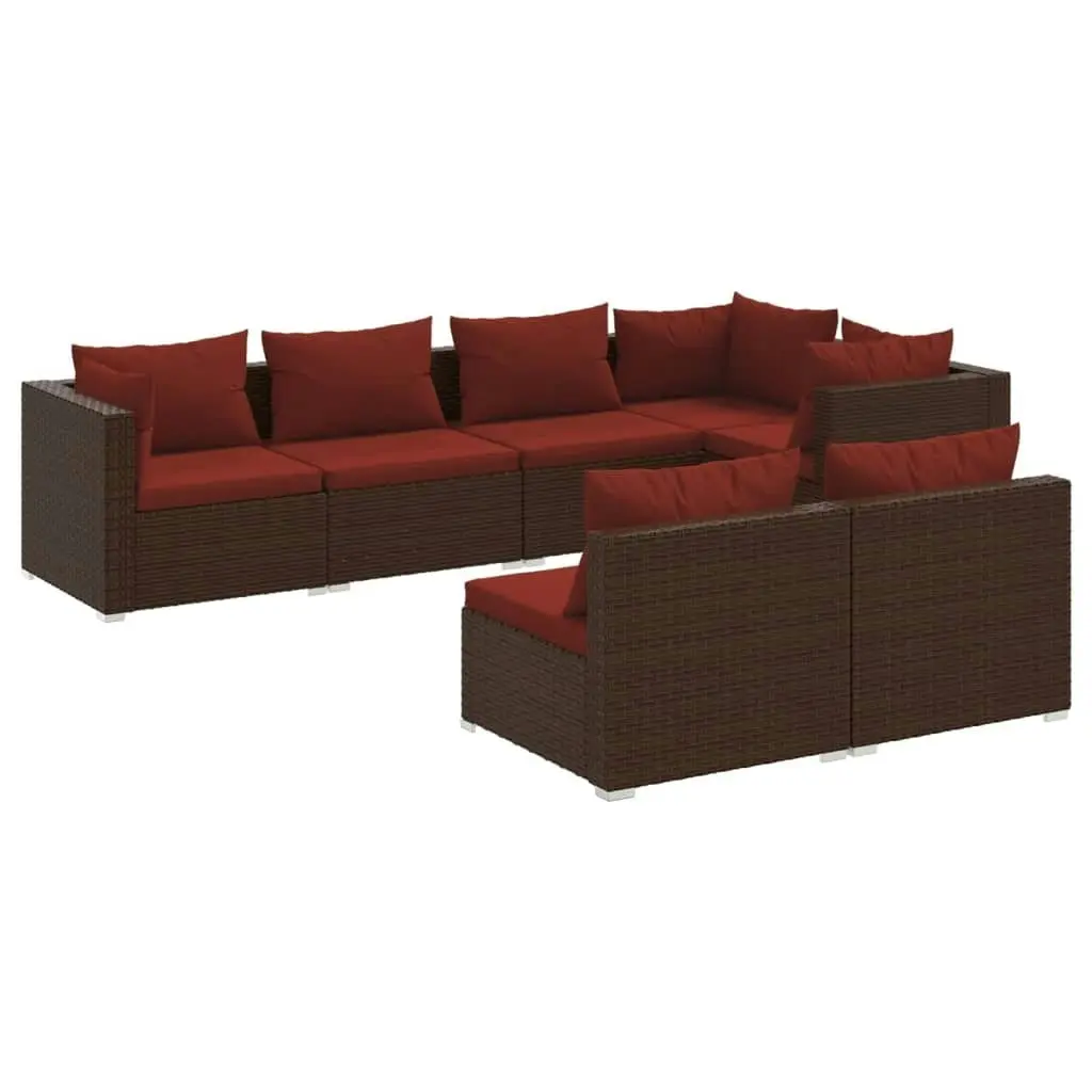 7 Piece Garden Lounge Set with Cushions Brown Poly Rattan 3102387