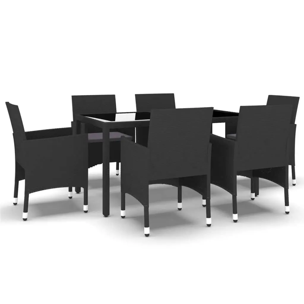 7 Piece Garden Dining Set Poly Rattan and Tempered Glass Black 3058428