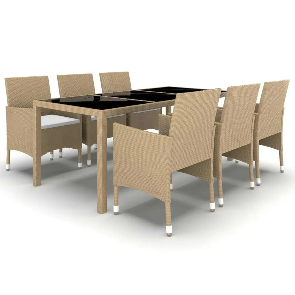 7 Piece Garden Dining Set Poly Rattan and Tempered Glass Beige 3058440