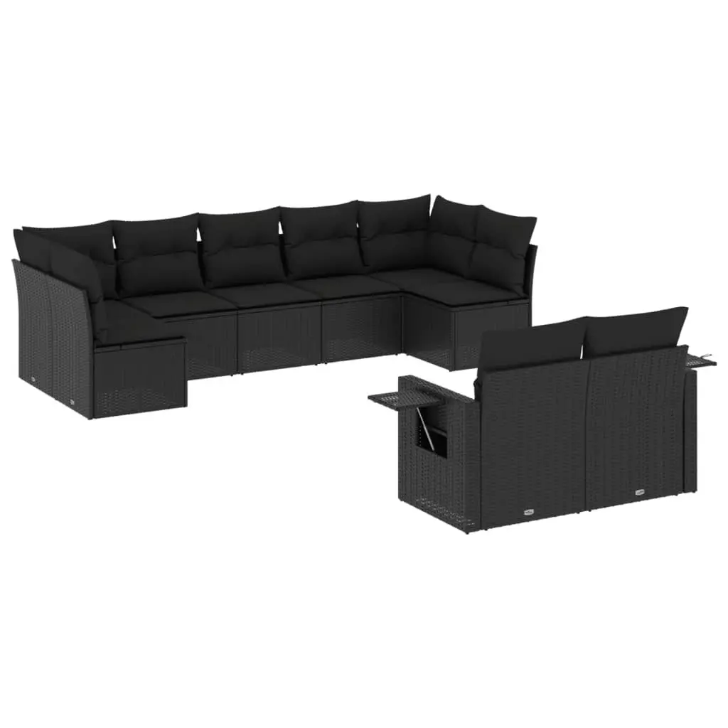 9 Piece Garden Sofa Set with Cushions Black Poly Rattan 3252952