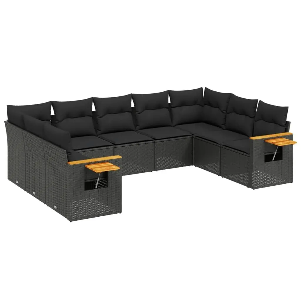 9 Piece Garden Sofa Set with Cushions Black Poly Rattan 3259514