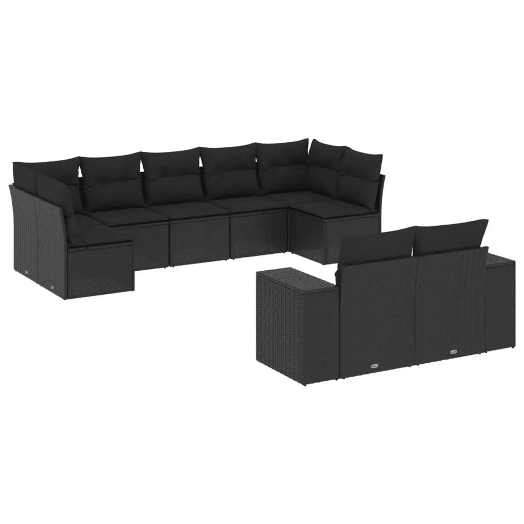 9 Piece Garden Sofa Set with Cushions Black Poly Rattan 3223014