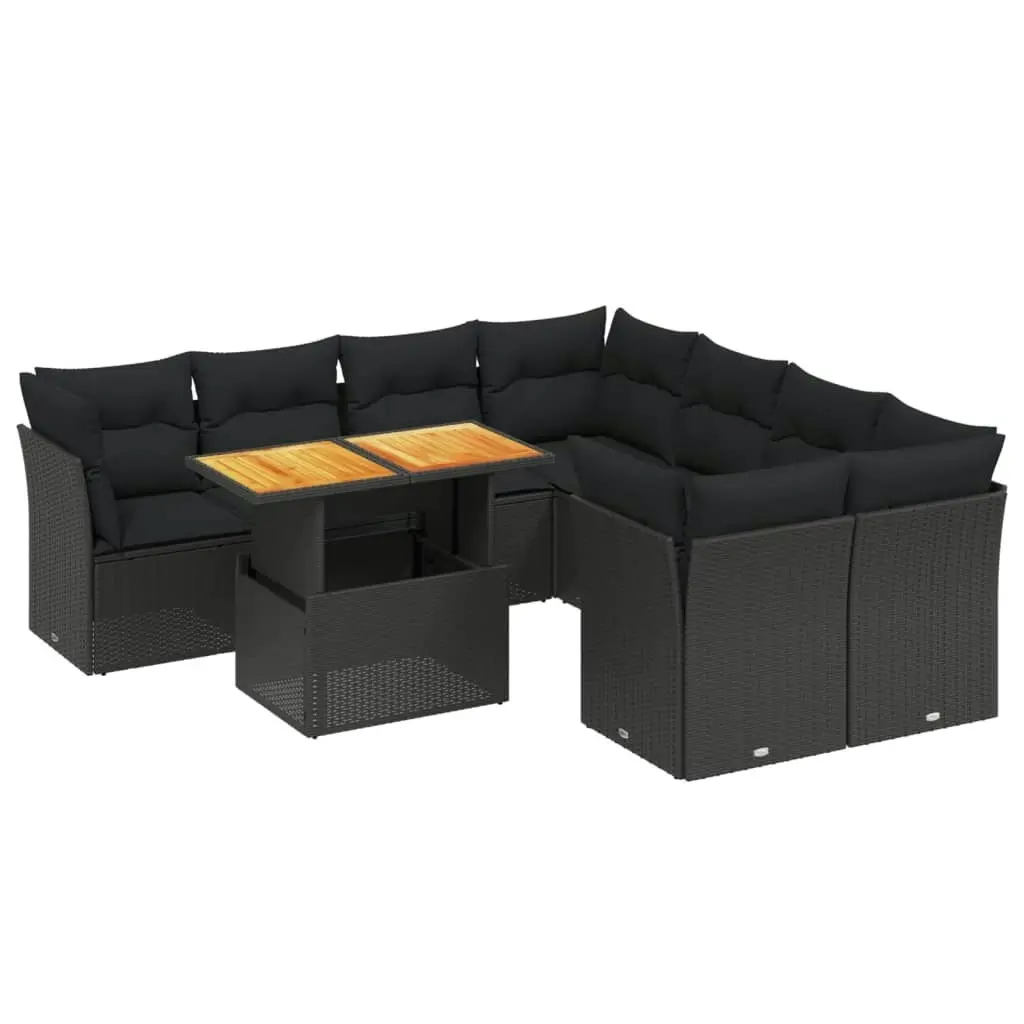 9 Piece Garden Sofa Set with Cushions Black Poly Rattan 3270719