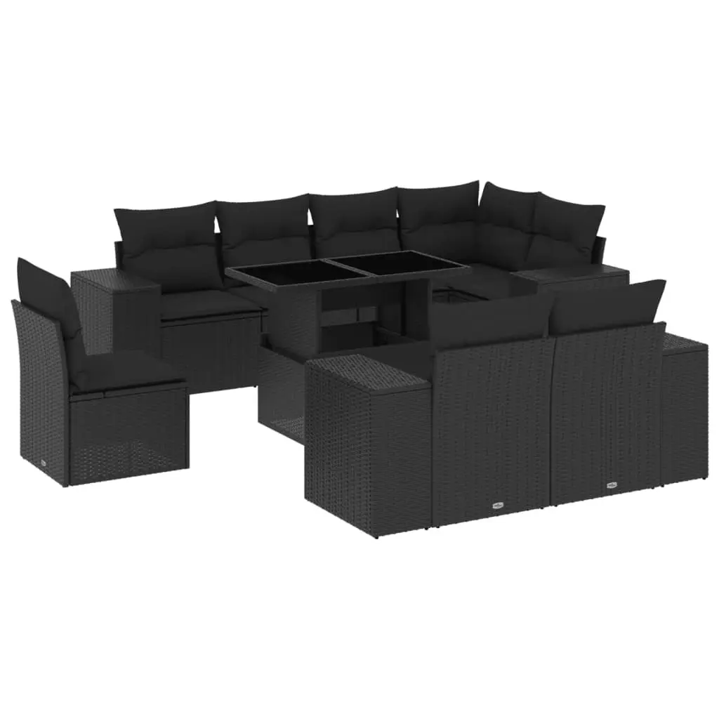 9 Piece Garden Sofa Set with Cushions Black Poly Rattan 3269295